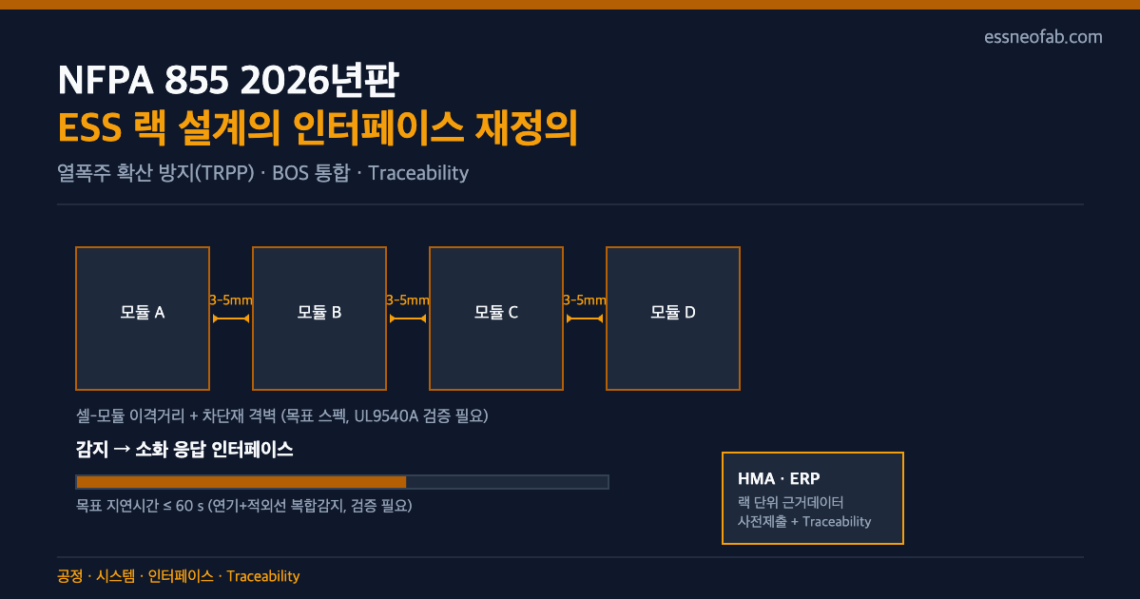 NFPA 855 2026년판 ESS 랙 TRPP 인터페이스 설계 도식 - 모듈 이격거리, 감지-소화 응답, HMA·ERP Traceability