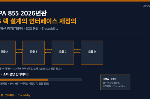 NFPA 855 2026년판 ESS 랙 TRPP 인터페이스 설계 도식 - 모듈 이격거리, 감지-소화 응답, HMA·ERP Traceability