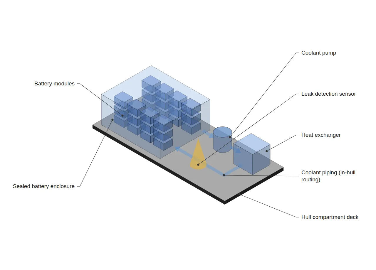 Isometric view of a marine ESS water-cooling loop: coolant piping circulates from sealed module racks in a hull compartment to a pump and heat exchanger.