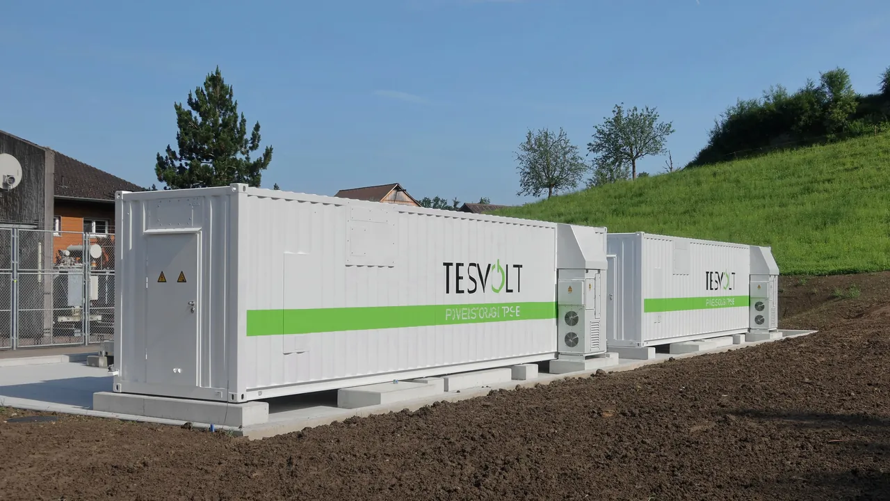 Two white battery containers on concrete footings with a transformer visible behind a fence at a storage site