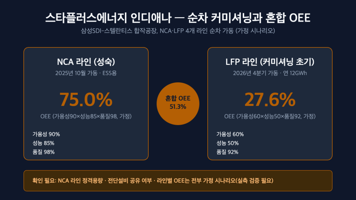 삼성SDI 스타플러스에너지 인디애나 공장의 NCA·LFP 라인 순차 커미셔닝 일정과 혼합 OEE 개념도
